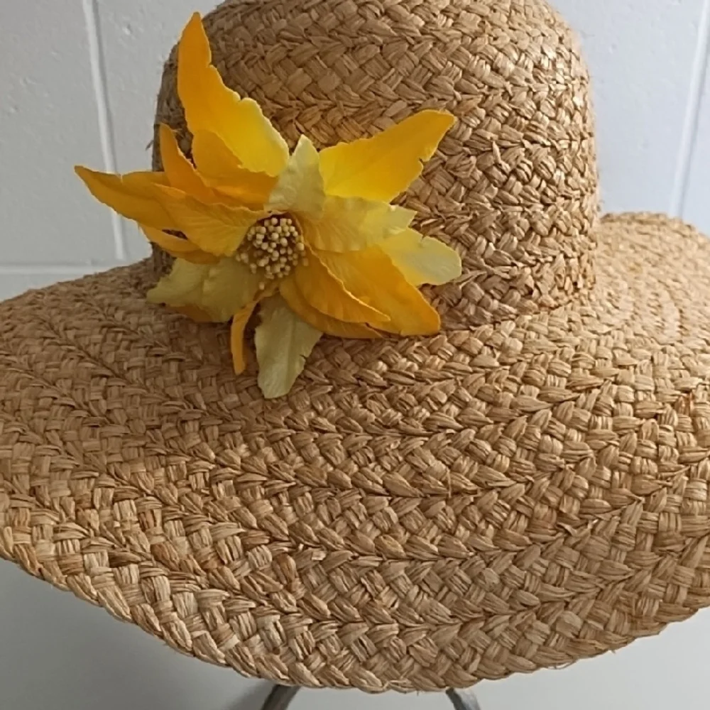 Casual Woven Floppy Beach Sun Hat with Yellow Flower Pin Accent